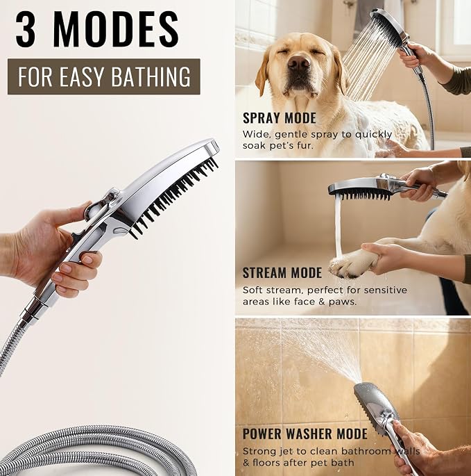 G-Promise 3 Mode Dog Shower Attachment with Pause Mode | High Pressure, Built-In Brush for Wash & Groom, Extra Long Hose, for Indoor & Outdoor Use