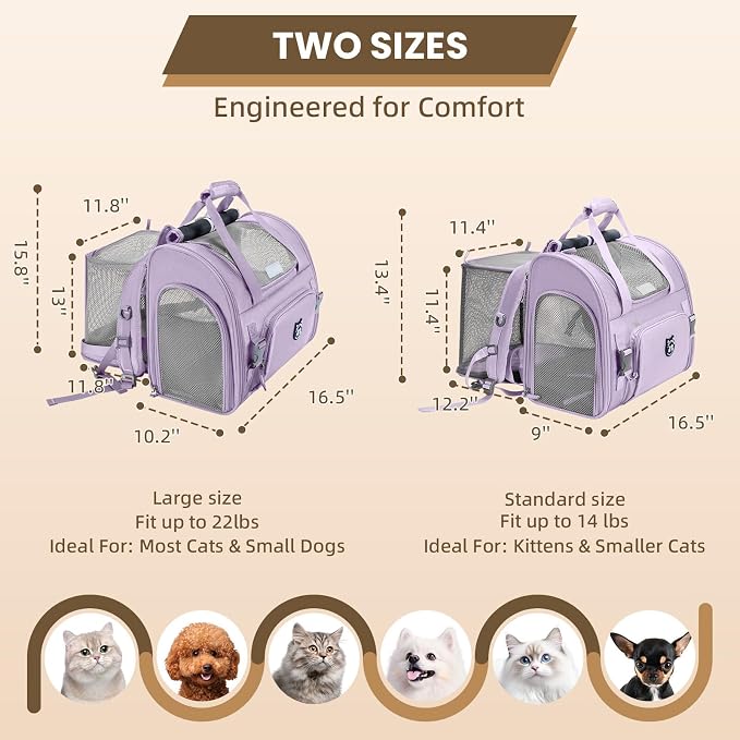 Expandable Cat Carrier Backpack for Large Cats - Airline Approved Pet Carrier Backpack for Small Dogs, Hiking & Travel, Waterproof with Breathable Mesh, 22lbs Capacity (Lavender, Large)