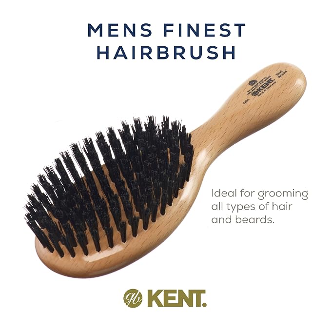 Kent OG1 Finest Men's Hair Brush and Facial Brush for Beard Care - 100% Natural Black Boar Bristle Brushs for Mens Grooming, 360 Wave, and Beard Straightener For Men's Hair Care