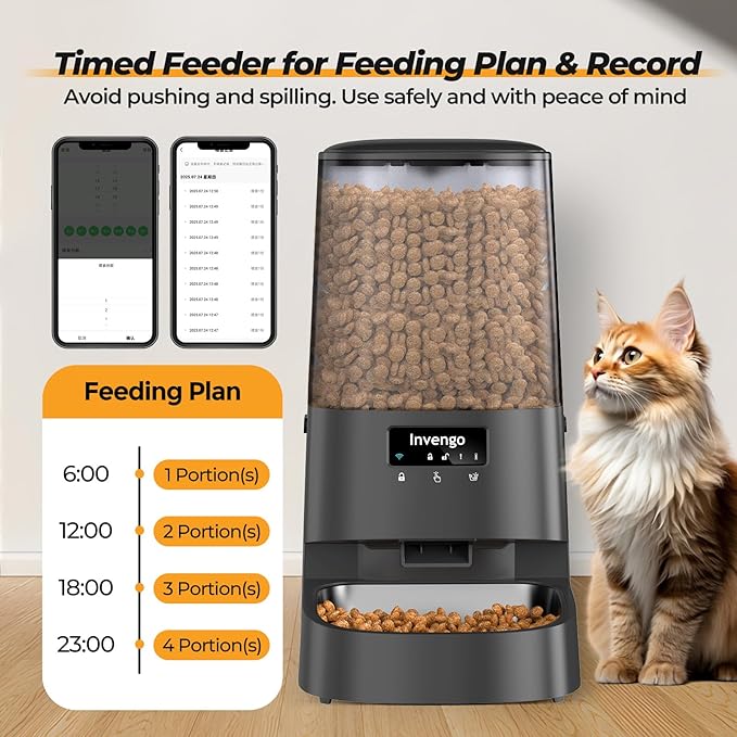 Automatic Cat Feeder with App Control, 5L Food Dispenser for Cats and Small Dogs, 2.4/5G Wi-Fi, Programmable Portions, Anti-Jam & Fresh-Lock, Stainless Steel Bowl, Easy to Clean