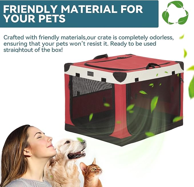 PETSFIT 30" Soft Portable Dog Crate – Patented Spiral Sturdy Frame, Collapsible Travel Kennel for Medium Dogs, 3 Mesh Door, Lockable Zippers, Indoor & Car Use Red