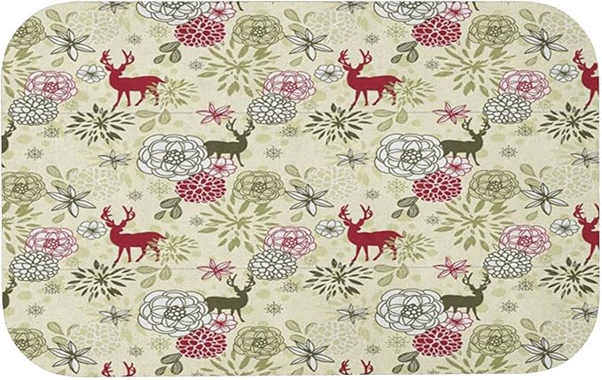 Diatomaceous Floor Mat, Winter Washable Floor Mat, Deer with Blossoming Flowers Abstract Christmas, 31.4" W x 19.6" L, Eco-Friendly Easy to Clean,Pale Green Olive Green Ruby