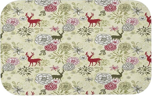 Diatomaceous Floor Mat, Winter Washable Floor Mat, Deer with Blossoming Flowers Abstract Christmas, 31.4" W x 19.6" L, Eco-Friendly Easy to Clean,Pale Green Olive Green Ruby