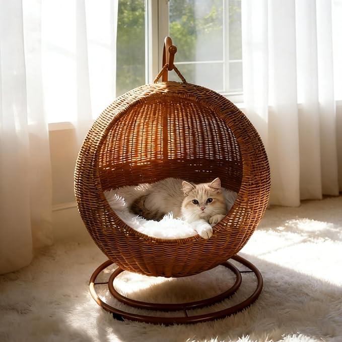 Wicker Cat Bed Indoor & Outdoor, Handwoven PP Rattan Cat Swing Bed with Removable Washable Cushion, Breathable Waterproof Cat House for Cats & Small Dogs (Large–16.9" L × 25.98" H)