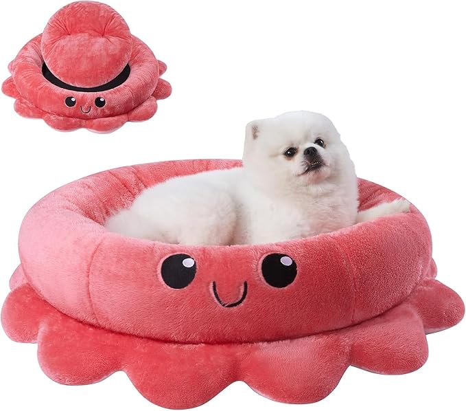 Cute Calming Dog Beds Clearance for Medium Small Dogs, Anxiety Bolster Dog Bed with Octopus Shape, Pink, Red, Boho, Round Pet Bed Cat with Removable Cushion