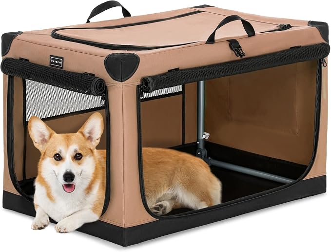 PETSFIT 30" Soft Portable Dog Crate – Patented Spiral Sturdy Frame, Collapsible Travel Kennel for Medium & Large Dogs, 3 Mesh Door, Lockable Zippers, Indoor & Car Use Khaki