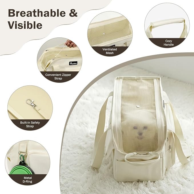 Pawaboo Dog Purse Carrier for Small,Under 9 Lbs | Large Pockets,Safety Leash,Soft Cushion,Breathable Mesh Window,Lightweight Travel,Beige