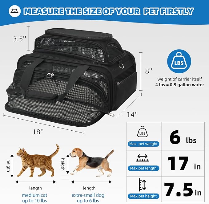 pidipiti 18x14x8 Soft-Sided pet Carrier,for 1 Extra-Small Dog/Medium cat | top and 1 side Expandable,TSA Approved,for Airlines only Have 8'' Height Space underseat,with zipper lock,good Visibility