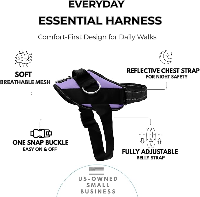 ShawnCo Essential Dog Harness, No-Pull Pet Vest (ICY Lilac,S) | 3 Leash Clips, Easy On, No-Choke, Reflective, Adjustable Fit, Padded Comfort, Control Handle, For Small, Medium & Large Dogs