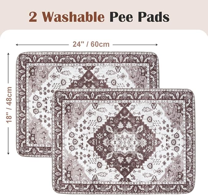 Washable Pee Pads for Dogs, 2 Pack Reusable Puppy Training Pads 24"x18" Super Absorbent Waterproof Dog Training Pads, Non-Slip Potty Pads, Whelping Pads Litter Mat Light Brown Medallion