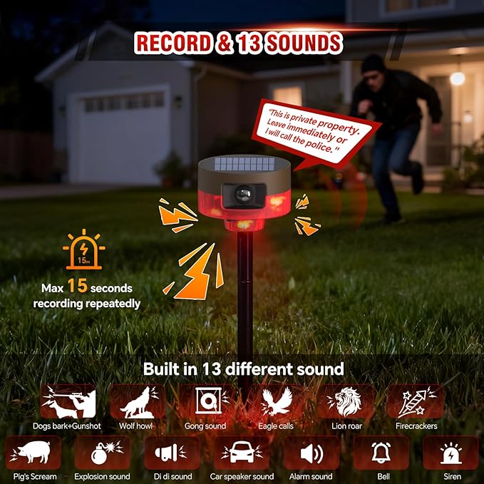 Solar Outdoor Motion Sensor Alarm-Dog Barking or Gunshot Sound, 130dB Noise, 13 Sounds & 360° Motion Detector Alarm Support Recording, with Remote Controller for Home, Villa,Yard,Chicken coop