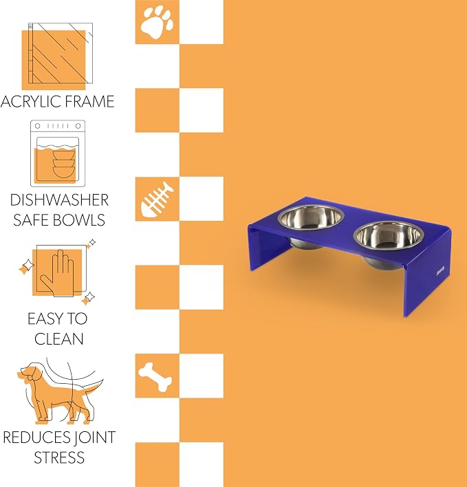 DBL2001F Keaton 7.5" Medium/Large Modern Acrylic Rectangular Elevated Pet Feeder with 54oz 2-Stainless Steel Bowls, Purple/Chrome