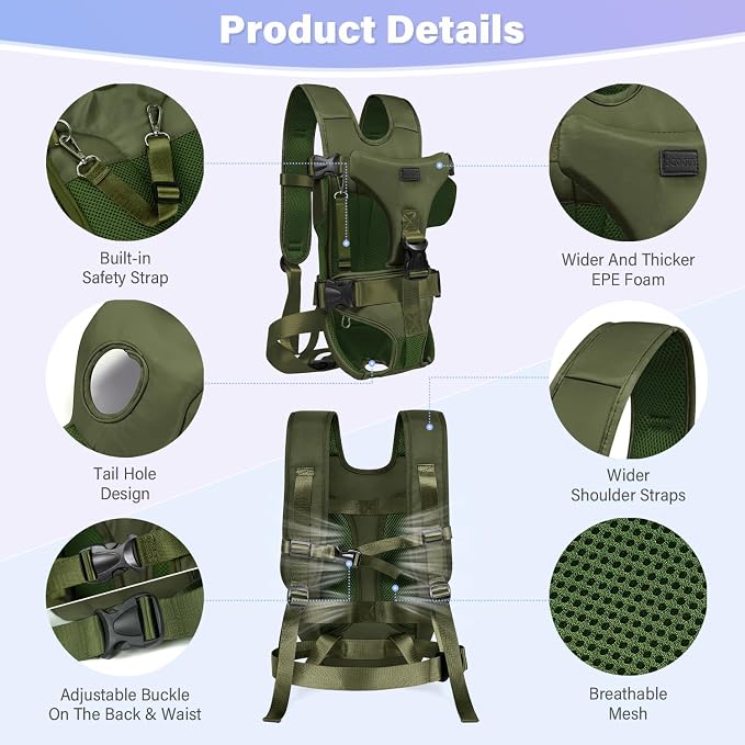YUDODO Front Pet Carrier Backpack for Small Dog, Legs Out Dog Chest Carrier | Safety Belt, Ergonomic Support, Hands Free, Durable & Comfortable, For Walking Hiking Cycling, Army Green, S