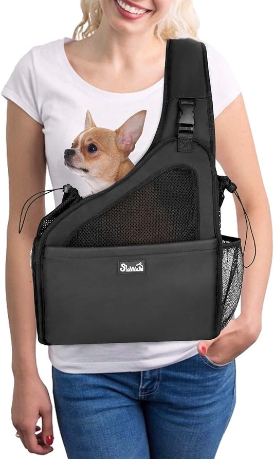 SlowTon Dog Sling Carrier, Hands Free Hard Bottom for Small Dogs up to 6 lb | Breathable Mesh Support, Adjustable Padded Strap, with Pocket Safety Belt, Machine Washable, for Small Animal Puppy, Black