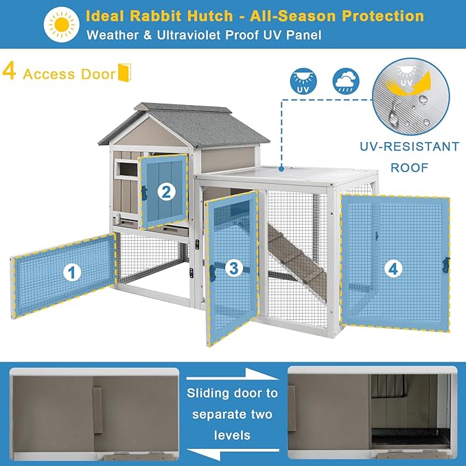 Ketive 48" L Rabbit Hutch Outdoor Indoor Bunny Hutch Weatherproof, 2-Story Wood Rabbit Cage with Deep Tray, Chew-Resistant Ramp, UV Roof, Bunny House for Small Animal, Expandable Guinea Pig Cage