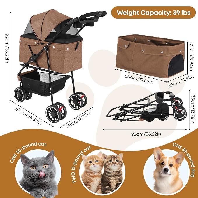 Pet Stroller,Dog Stroller for Small Medium Dogs Cats,3 Wheels,Deep Brown | Foldable,with Breathable Mesh Canopy,Cup Holders,Easy Assembly
