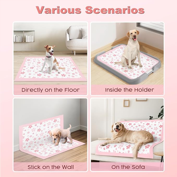 MIZOK Pink Puppy Pads with Adhesive Tabs Disposable No Leak XL 28x34in 40Ct | Cute Cherry Blossom Prints Provide 6 Layer Protection Extra Absorbent Doggy Pads Designed for Clean Daily Indoor Use