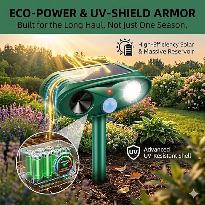 4Pack Sonic Fortress Pro Deer Repellent Devices Squirrel Rabbit Cat Raccoon Fox Deterrent Solar Ultrasonic Animal Repellent Outdoor with Motion Activated Strobe Light for Yard Lawn Garden Protection