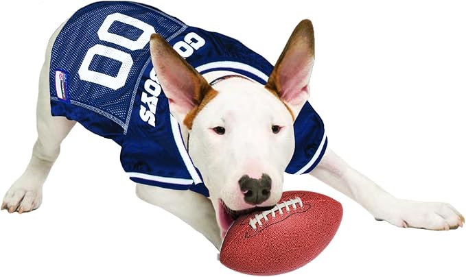 NFL Dallas Cowboys PET GIFT BOX with 2 Licensed DOG TOYS, 1 Logo-engraved NATURAL DOG TREAT, 1 NFL JERSEY, 1 NFL Puppy Training Bells & 1 Car Seatbelt