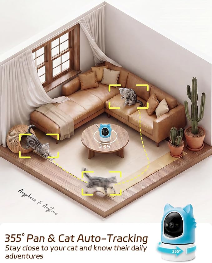 ALIOBC Pet Camera with Phone App Laser Toy 2K Cat Camera no Subscription | Auto Tracking Night Vision 355° Pan 2-Way Audio Dual-Band WiFi Indoor Pet Cam （Sky Blue）