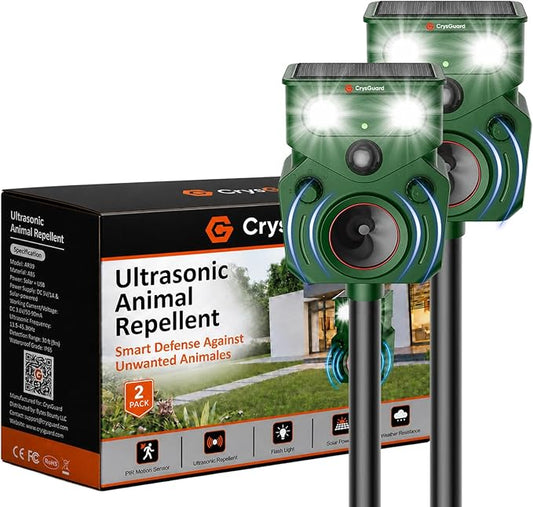 (2 Pack) Solar Ultrasonic Animal Repellent Outdoor, Motion Activated, IP65 Waterproof, Discourage Unwanted Animals in Yard, Deer, Coyote, Cats, Squirrel, Raccoon & Skunk with LED Flashing Lights