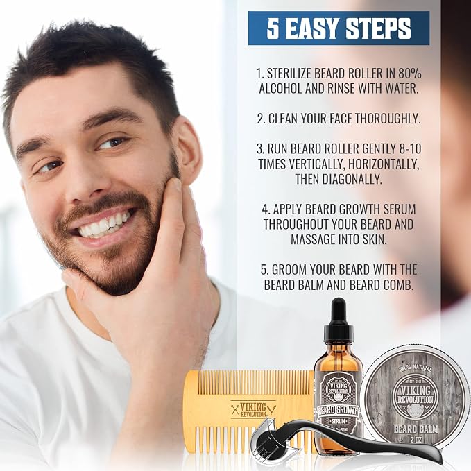 Viking Revolution Beard Growth Kit - 4 Products Included | Advanced Growth Formulation - Balm (2oz), Serum (2fl oz), Derma Roller & Wooden Comb for Beard & Mustache Growth
