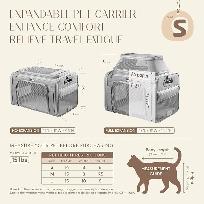 Top-Expandable Pet Carrier with Treat Pet Window,17x11x9.5 Airline Approved | for Alaska Hawaiian,Soft-Sided Dog Carrier, Anti-Scratch Mesh, Lockable Zippers,Cat Carrier for Kitten,Rabbit,Puppy,Grey