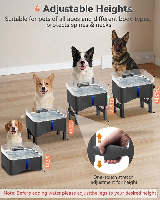 UPSKY 11L Elevated No-Spill Dog Water Fountain with 4 Adjustable Heights | Large Dog Water Dispenser, No-Splash, 304 Stainless Steel Tray, 5-Layer Filtration, for Large/Senior Dogs & Multi-pet Home