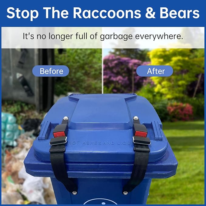 Trash Can Lock for Animals - Raccoon-Proof Trash Can Locks,(4Pcs) Heavy-Duty Bear Trash Can Lock with Lid Strap, Animal Proof Garbage Can Lock for Outdoor Trash Bin, One-Handed Operation