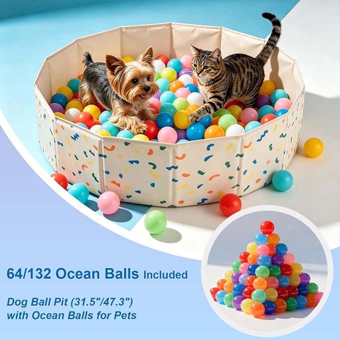 Foldable Dog Pool & Dog Ball Pit with Balls Included, Portable Multifunctional Ball Pit for Dogs & Cats, Anti-Collapse Non-Slip Pet Play Pool(Beige L+132 Balls)