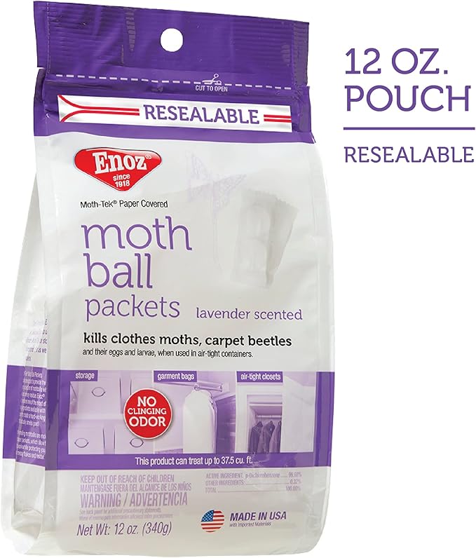 Enoz Lavender Scented Moth Ball Packets, Kills Clothes Moths, Carpet Beetles, Eggs and Larvae, 12 oz Resealable Bag (Pack of 3)