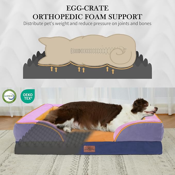 Comfort Expression Orthopedic Dog Bed for Extra Large Dogs with Bolster | Waterproof Dog Couch Bed with Washable Cover & Non-Slip Bottom, Supportive Egg Crate Foam XL Pet Bed, 42x30 Inch