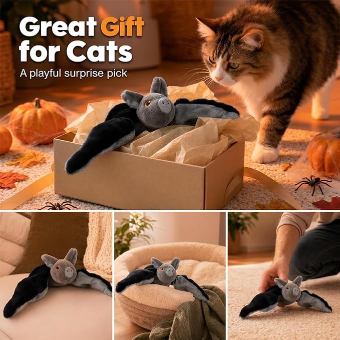 Flying Bat Dog Toy, Flapping Wings Interactive Chirping Pet Teaser, Remote Control Rechargeable Halloween Bat Toy with Catnip Filling, Electric Simulation Flying Motion Toy for Cats Dogs，2pcs