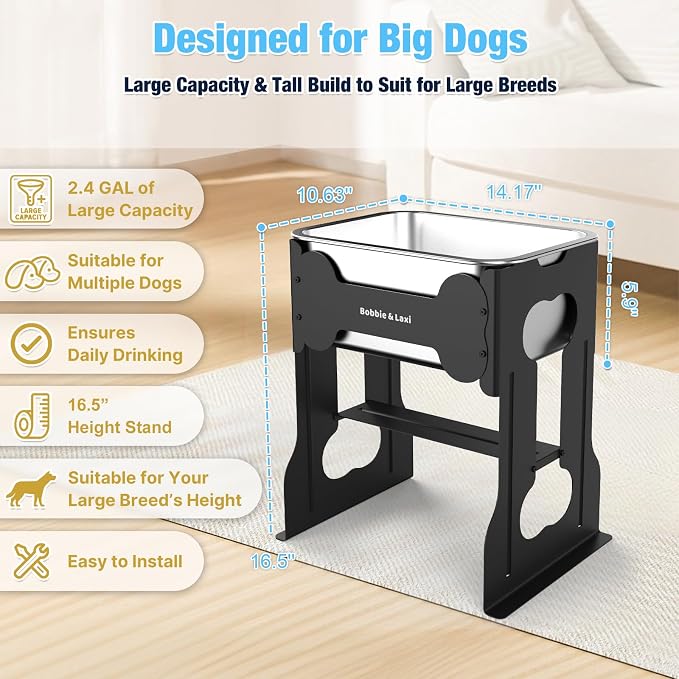 Bobbie & Laxi 16" Elevated Dog Water Bowl, 2.4 Gal Stainless Steel Bowl | Raised Dog Bowl for Large Breed, Metal Dog Feeding Station for Relief Joint Pressure, Easy Clean for Indoor & Outdoor Use