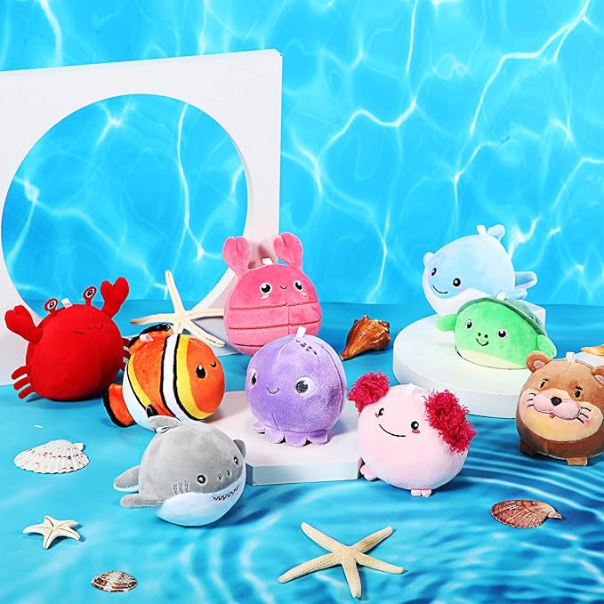 9 Pcs Mini Sealife Stuffed Animals 3.15 Inch Stuffed Shark Turtle Ocean Animal Soft Plushies for Birthday Ocean Party Decors Gift Bag Fillers Easter Basket Stuffers Classroom Prizes