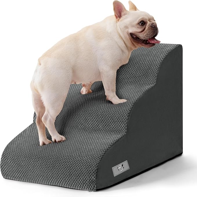 Dog Stairs for Small Dogs & Cats,3 Steps Non-Slip Pet Ramp for Couch,15.7"H | Airpanda Pet Stairs with Washable Cover & High-Density Foam,Gentle Curved Design,Ideal for Senior & Short-Legged Dogs,Grey