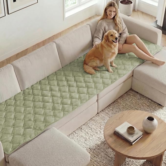 H.VERSAILTEX Chenille Couch Cover for Dogs Washable Soft Fuzzy Extra Large Sofa Slipcovers Sectional Sofa Cover Thick Pet Couch Cover Protector Non-Slip Dog Bed Cover(Tender Green, 28" x 134")