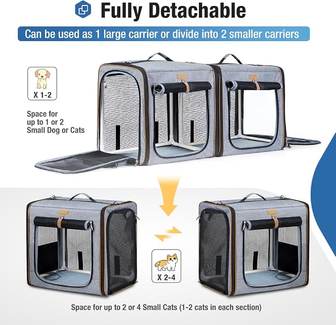 Lekereise Extra Large Cat Carrier for 2 Cats, 2-in-1 Cat Travel Carrier with Litter Box, (20.85" x2) x19.7"x19.7" Pet Carrier with Zipper Locks for Moving Across The Country (No Hammock) - Grey