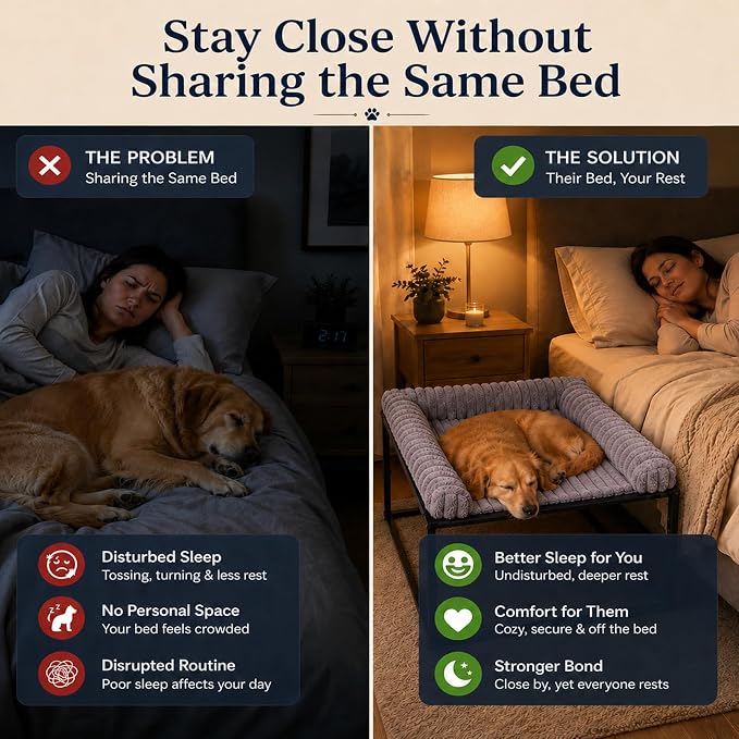 Adjustable Bedside Dog Bed for Small Dogs | Elevated Co-Sleeper Dog Bed with Metal Frame, Thick Supportive Cushion Mattress & Washable Cover, Dog Bedside Sleeper