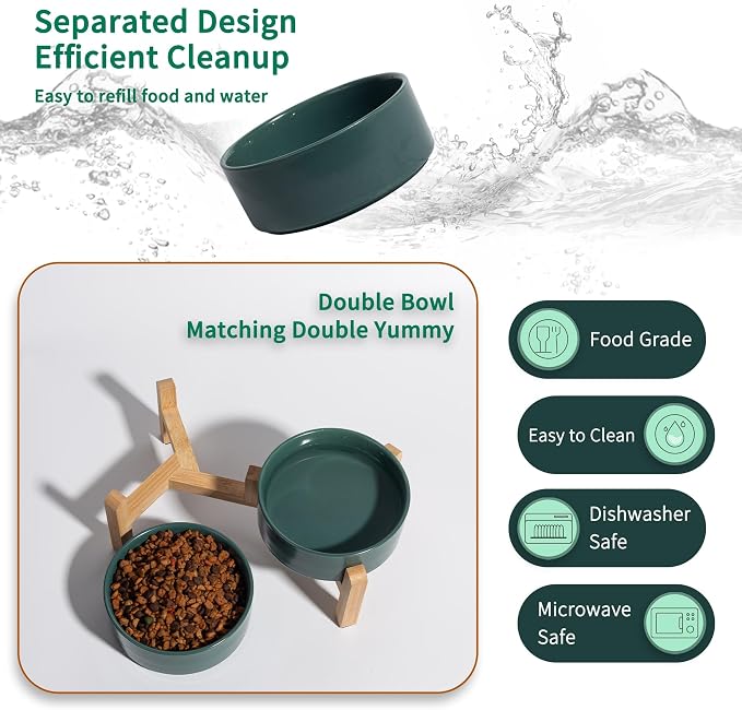 Elevated Ceramic Dog Bowl, 2 Cups Dog Food and Water Bowl Set with Stand | 5.1'' Double Dog Feeding Dishes, Non-Slip Raised Dog Feeder for Cats and Puppies, 16.23 OZ / 480 ML, White