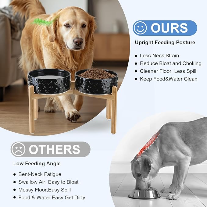 SPUNKYJUNKY Elevated Dog Bowls Ceramic, 8.3'' Dogs Food Water Bowls Raised with Non-Slip Bamboo Stand for Large Sized Breed Microwave Dishwasher Safe - 60 OZ,Skull Black