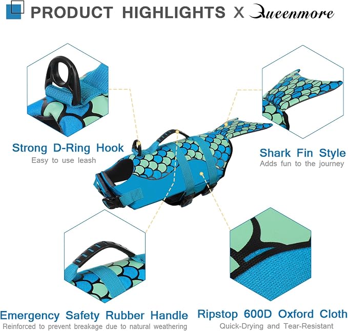 Mermaid Dog Life Jacket - Lightweight Dog Swimming Vest, High Buoyant, Blue, XL