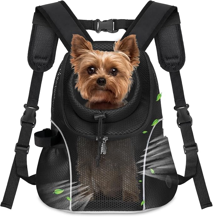 WOYYHO Pet Dog Carrier Backpack, Ventilated Mesh Small Dog Front Backpack | Breathable Puppy Back Pack, with Safety Belt, Storage Pockets, for Travel Hiking Cycling Outdoor Adventures, Black, S