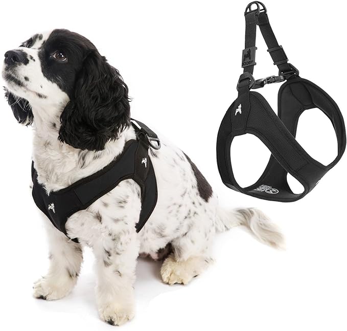 Gooby Escape Free Easy Fit Dog Harness, Step-in, Black, X-Small | Patented escape-free frame; Contracts if they back out; Step-in easy on/off; Machine washable; Light POM leash ring