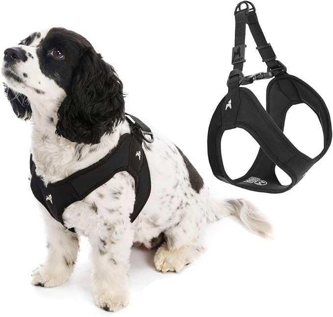 Gooby Escape Free Easy Fit Dog Harness, Step-in, Black, Small | Patented escape-free frame; Contracts if they back out; Step-in easy on/off; Machine washable; Light POM leash ring