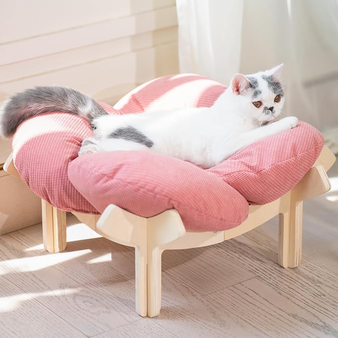 Elevated Cat Bed for Indoor Cats Couch Sofa Flower | Pet Beds with Soft Washable Cushion, Stable Wooden Frame, Raised Cat Hammock & Furniture for Kitty & Puppy All-Season(Pink)