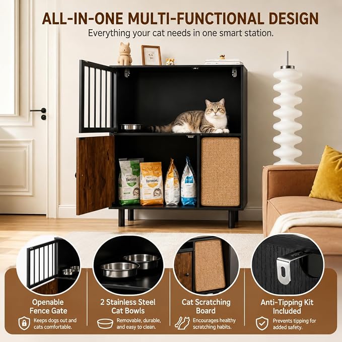 Dog Proof Cat Feeding Station with Storage Cabinet& 2 Stainless Steel Bowls, Elevated Cat Food Station with Scratching Board, Modern Wooden Cat House Furniture for Indoor Cats, Large Pet Cabinet