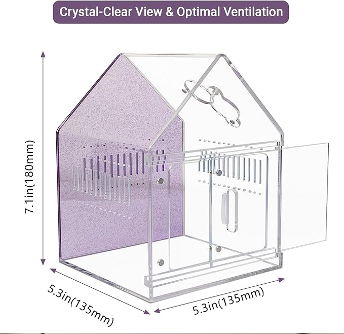 Magnetic Acrylic Spider Enclosure 5.3x5.3x7.3 Inch, House Shape Terrarium with Sparkling Purple Background for Jumping Spiders, Tarantula Slings & Mantis, Escape-Proof Habitat with Ventilation
