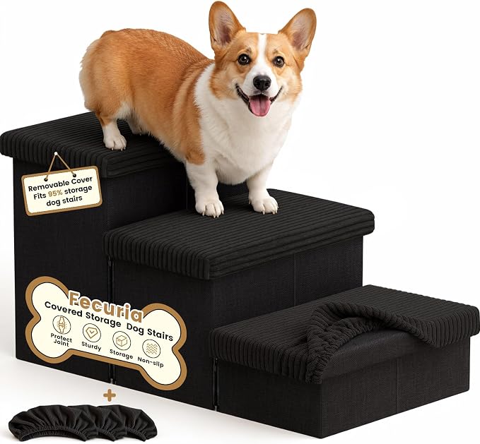 3-Step Wide Dog Stairs 18" H with Removable Cover, Non-Slip Storage Pet Steps for High Bed Couch, Pet Stairs for Small/Medium/Large Old Dogs Puppy Up to 200lbs, Cat Dog Steps for Car, Black