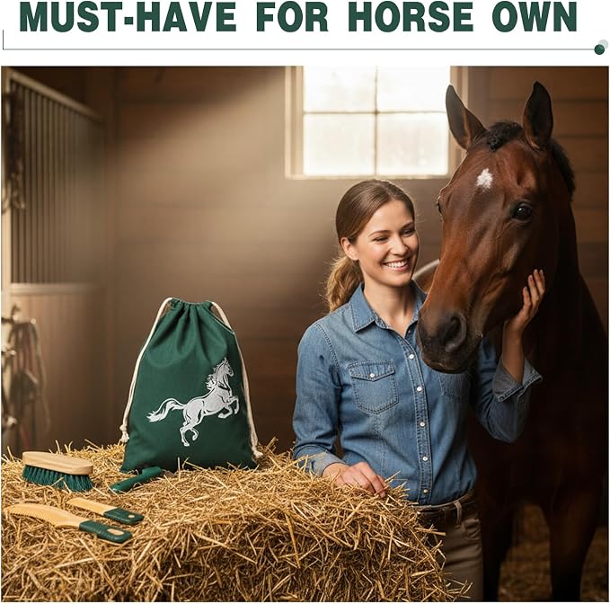 Abbylike 12 Pieces Horse Grooming Kit Racing Festival Tack Room Supplies Horse Brush Sets Equine Care Cleaning Kit Shedding Grooming Massaging Tools (Khaki and Green)